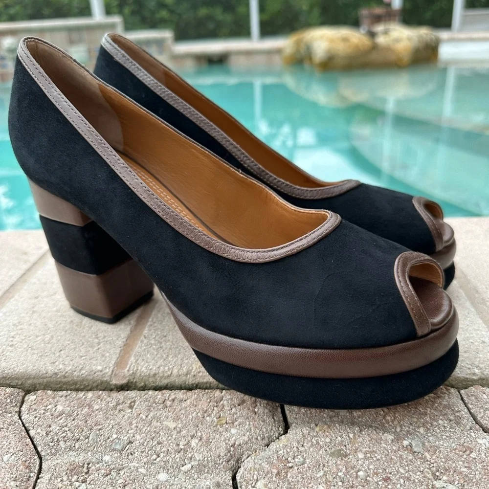 Tory Burch 70s Peep-Toe Leather & Suede Platform Pumps Women’s Size 8.5